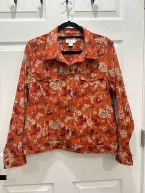 Christopher & Banks Orange Abstract Floral Button-Up Lightweight Jacket